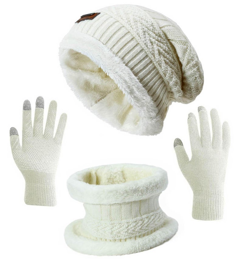 HINDAWI Winter Beanie Hat Scarf Gloves for Women Men Slouchy Snow Knit Skull Cap Infinity Scarf Touch Screen Mittens White - Image 1